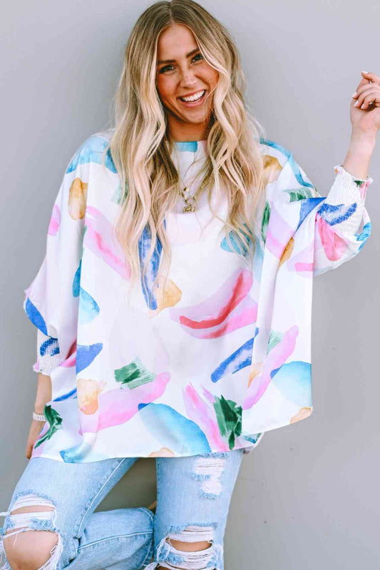 Printed Round Neck Smocked Lantern Sleeve Blouse