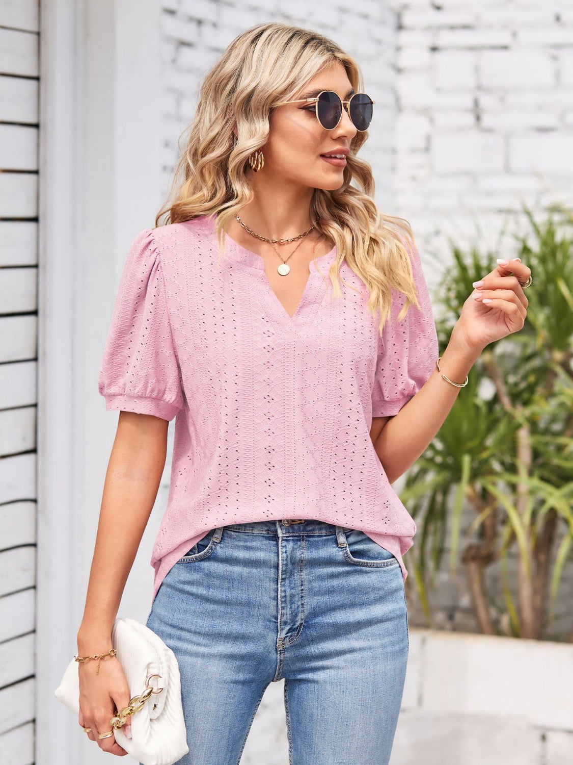 Eyelet Notched Short Sleeve Blouse