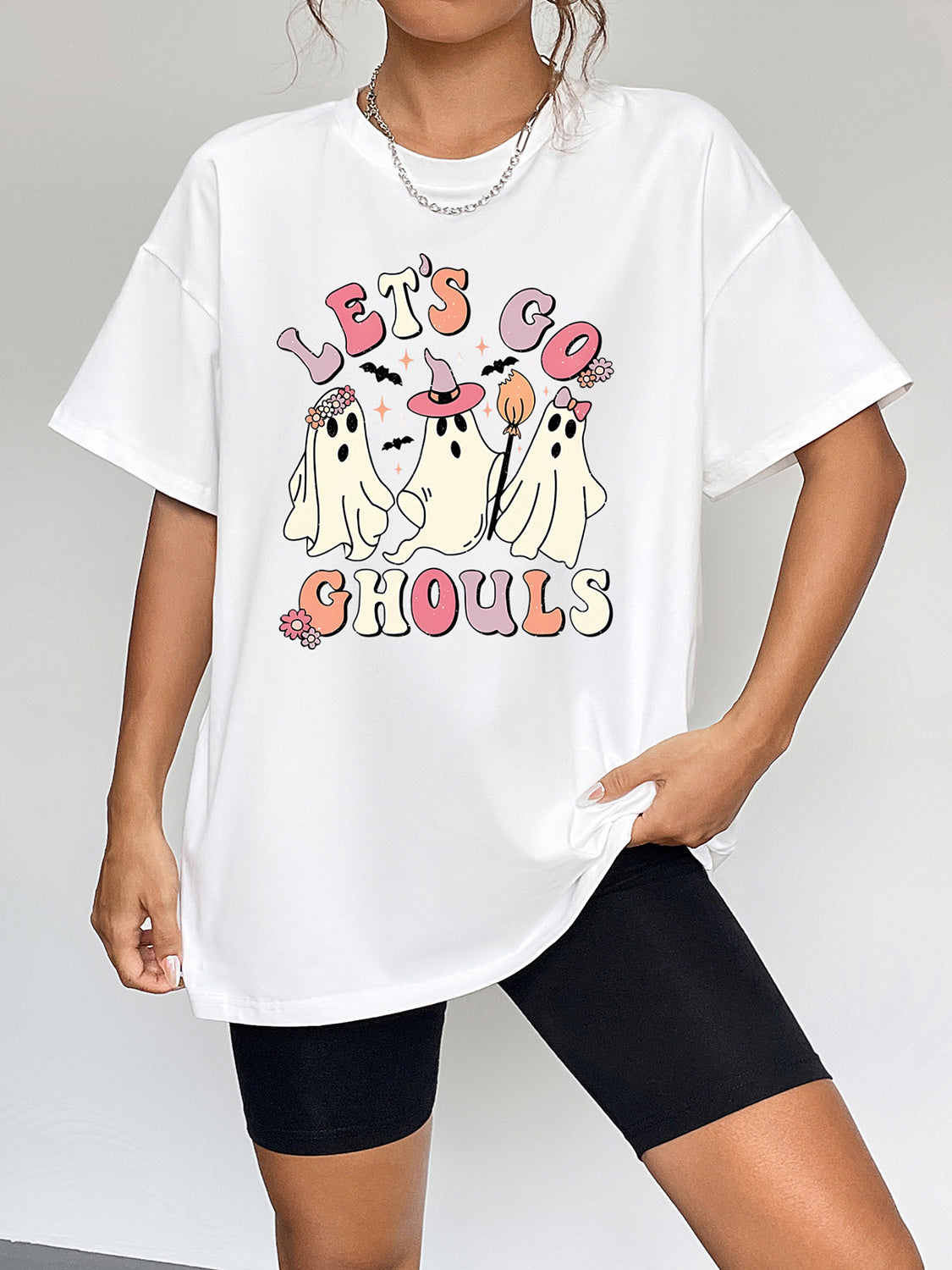 Round Neck Short Sleeve LET'S GO GHOULS Graphic T-Shirt