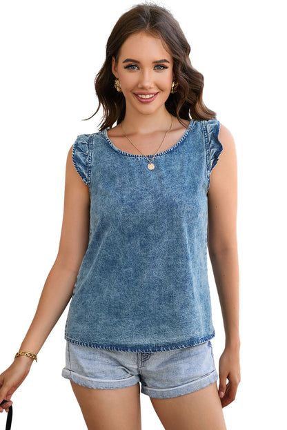 Acid Wash Round Neck Denim Tank