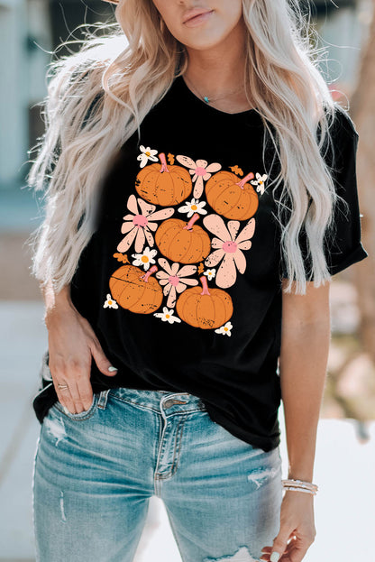 Round Neck Short Sleeve Pumpkin Graphic T-Shirt