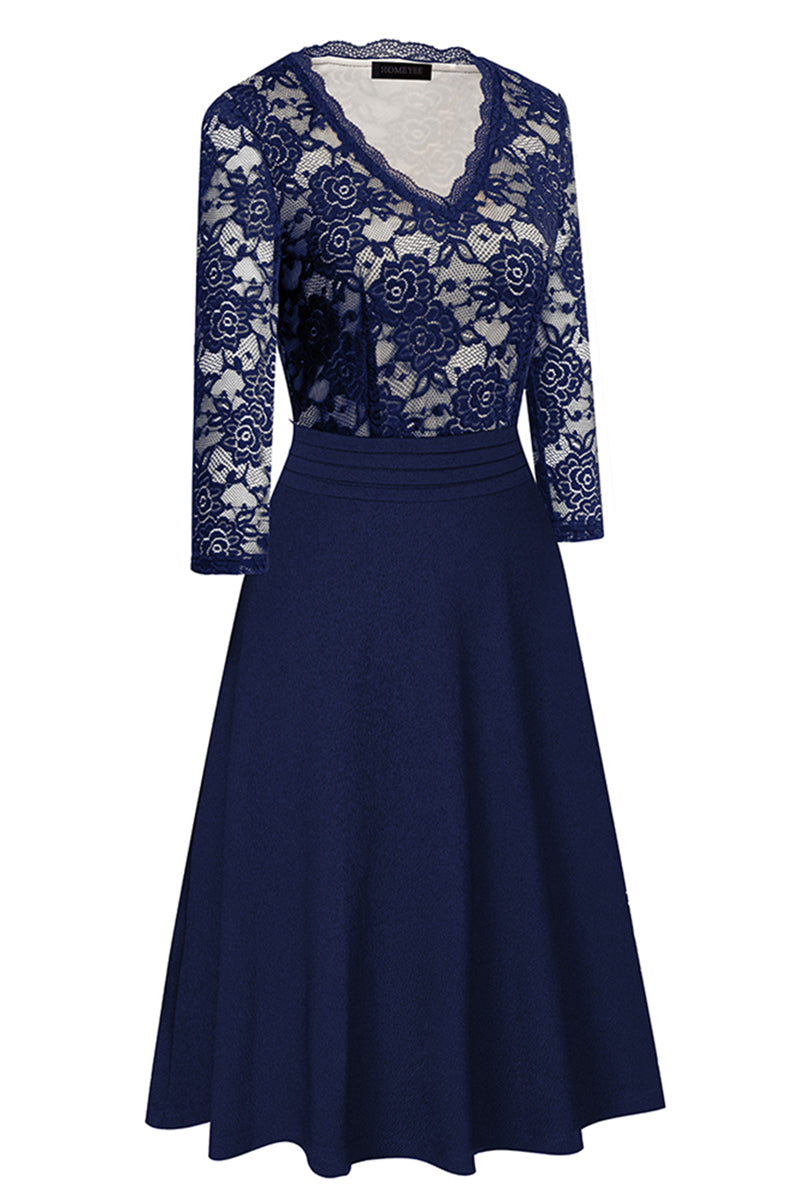 V-Neck Lace Detail Knee-Length Dress