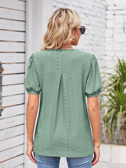 Eyelet Notched Short Sleeve Blouse