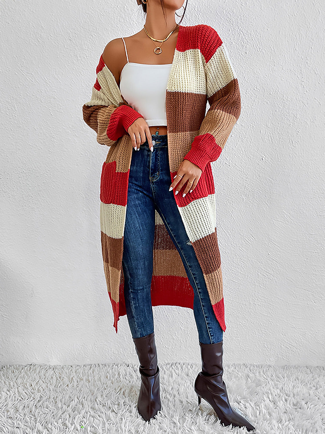 Color Block Open Front Longline Cardigan