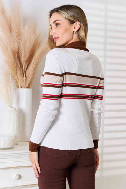 Basic Bae Striped Collared Neck Rib-Knit Top