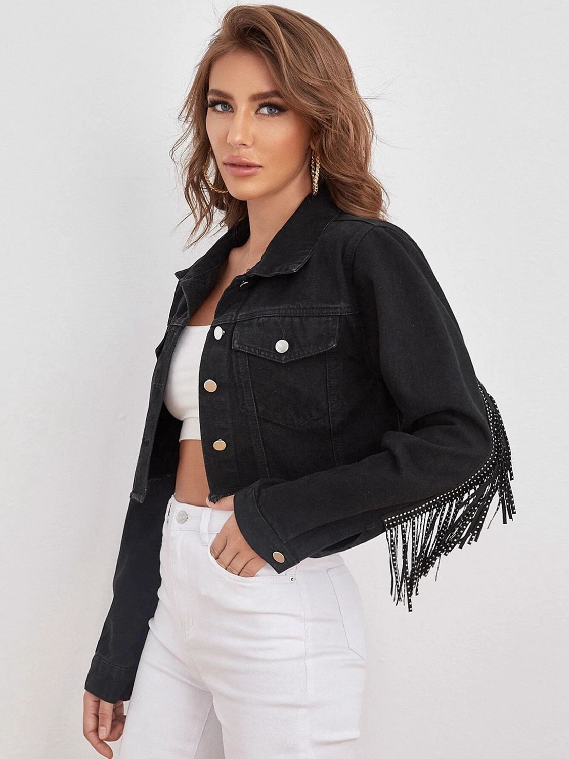 Fringe Detail Collared Neck Cropped Denim Jacket