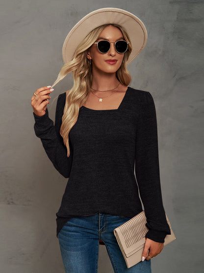 Heathered Square Neck Long Sleeve T-Shirt