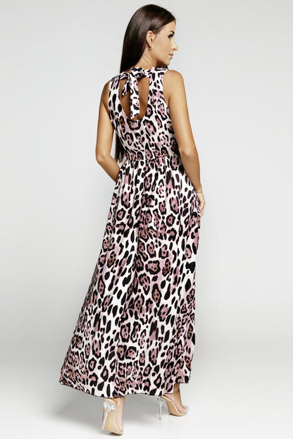 Leopard Print Open Back Split Sleeveless Dress