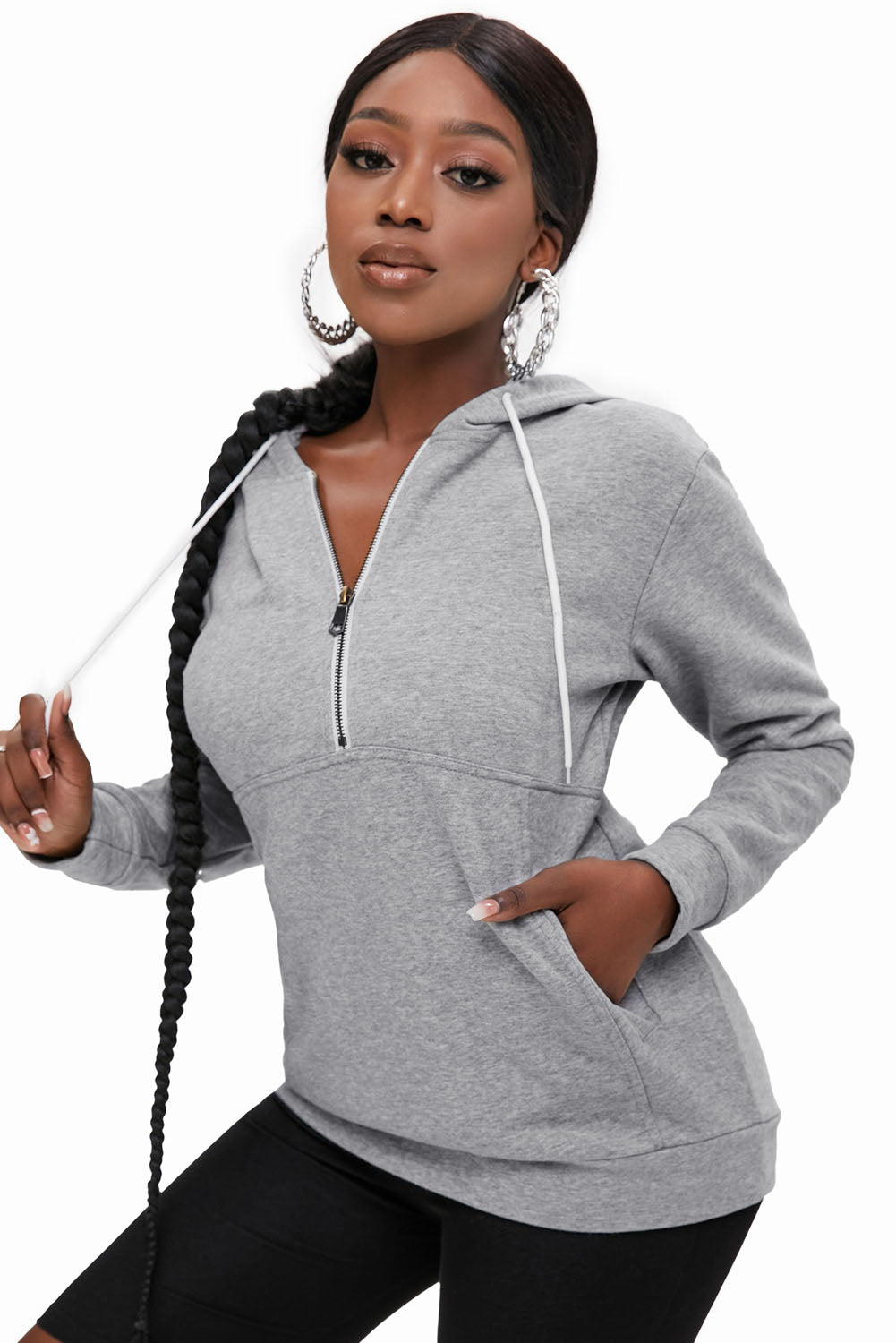 Half-Zip Drawstring Hoodie with Pockets