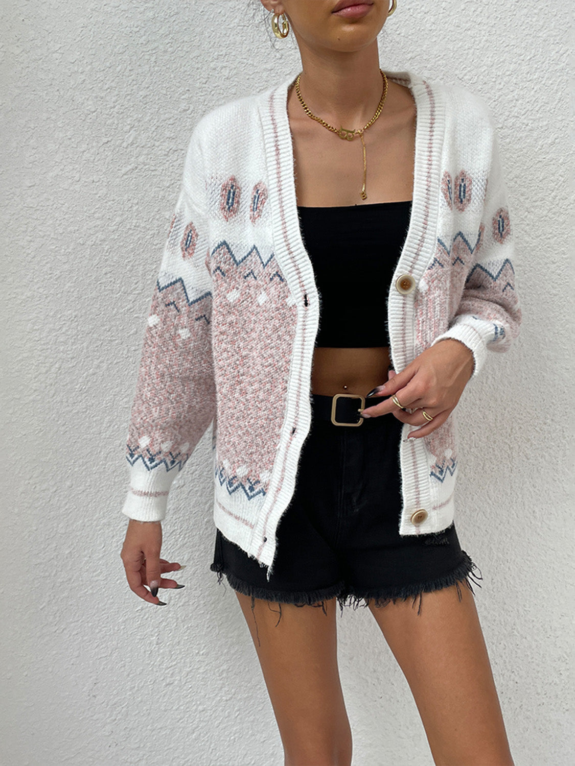 Printed Long Sleeve V-Neck Cardigan