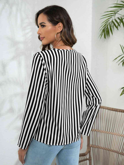 Striped Long Sleeve Notched Blouse