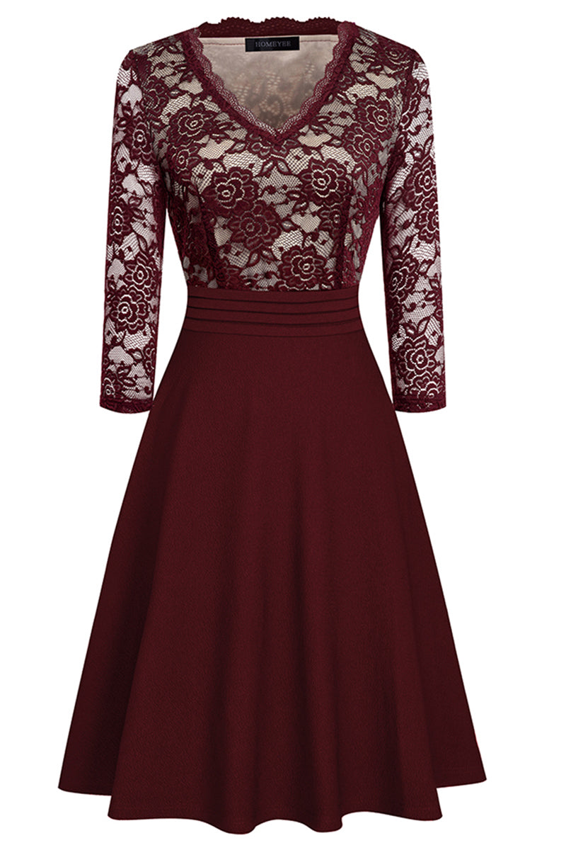 V-Neck Lace Detail Knee-Length Dress