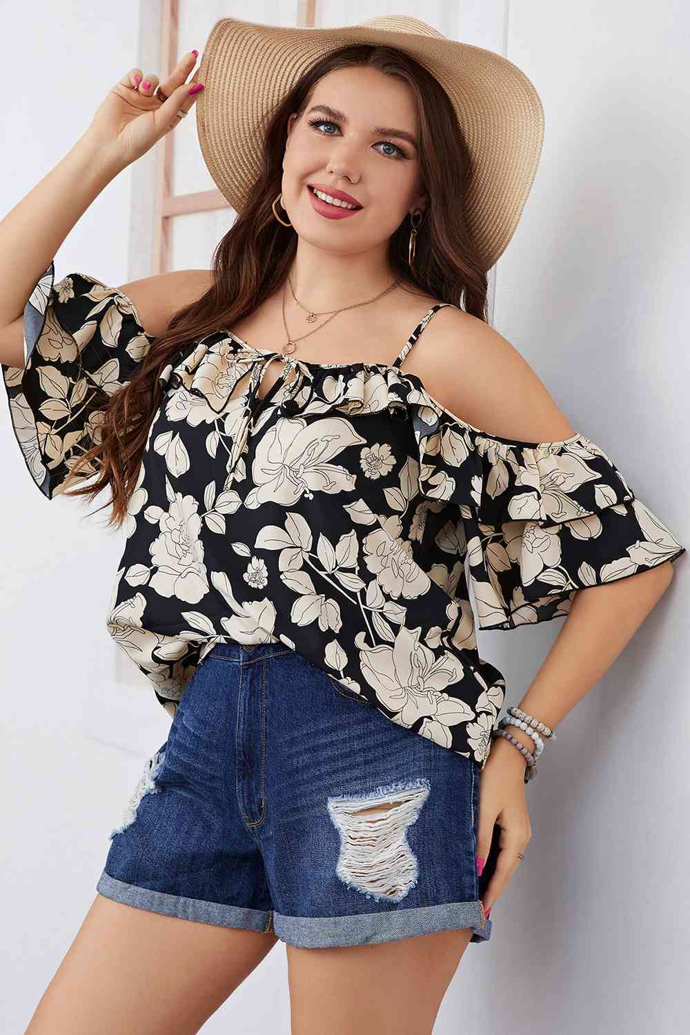 Plus Size Floral Spaghetti Strap Blouse