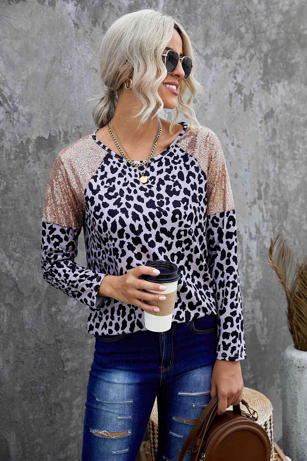 Sequin Round Neck Long Sleeve T-Shirt