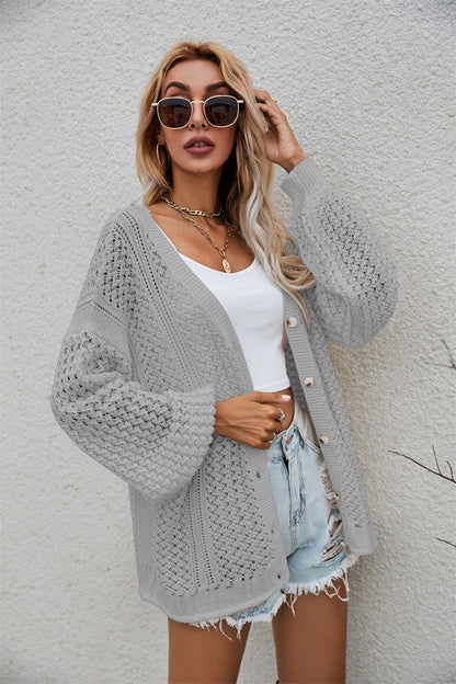 Openwork V-Neck Dropped Shoulder Cardigan