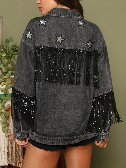 Fringe Detail Long Sleeve Denim Jacket