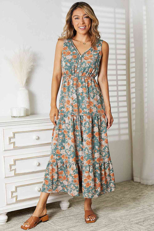 Double Take Floral V-Neck Tiered Sleeveless Dress