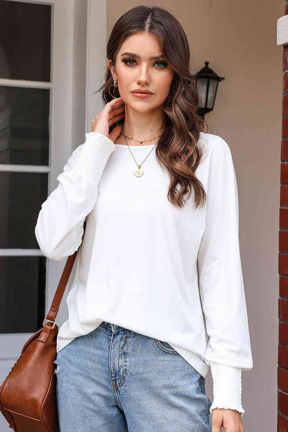 Round Neck Smocked Long Sleeve Blouse