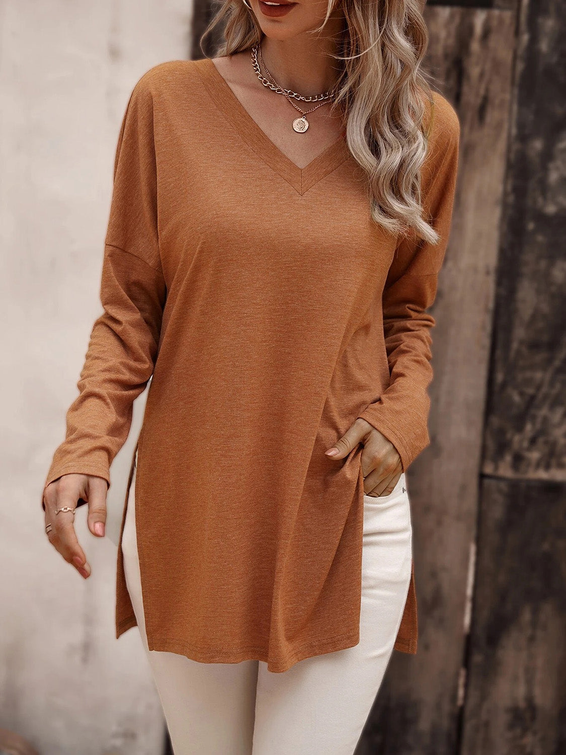 V-Neck Long Sleeve Slit Top