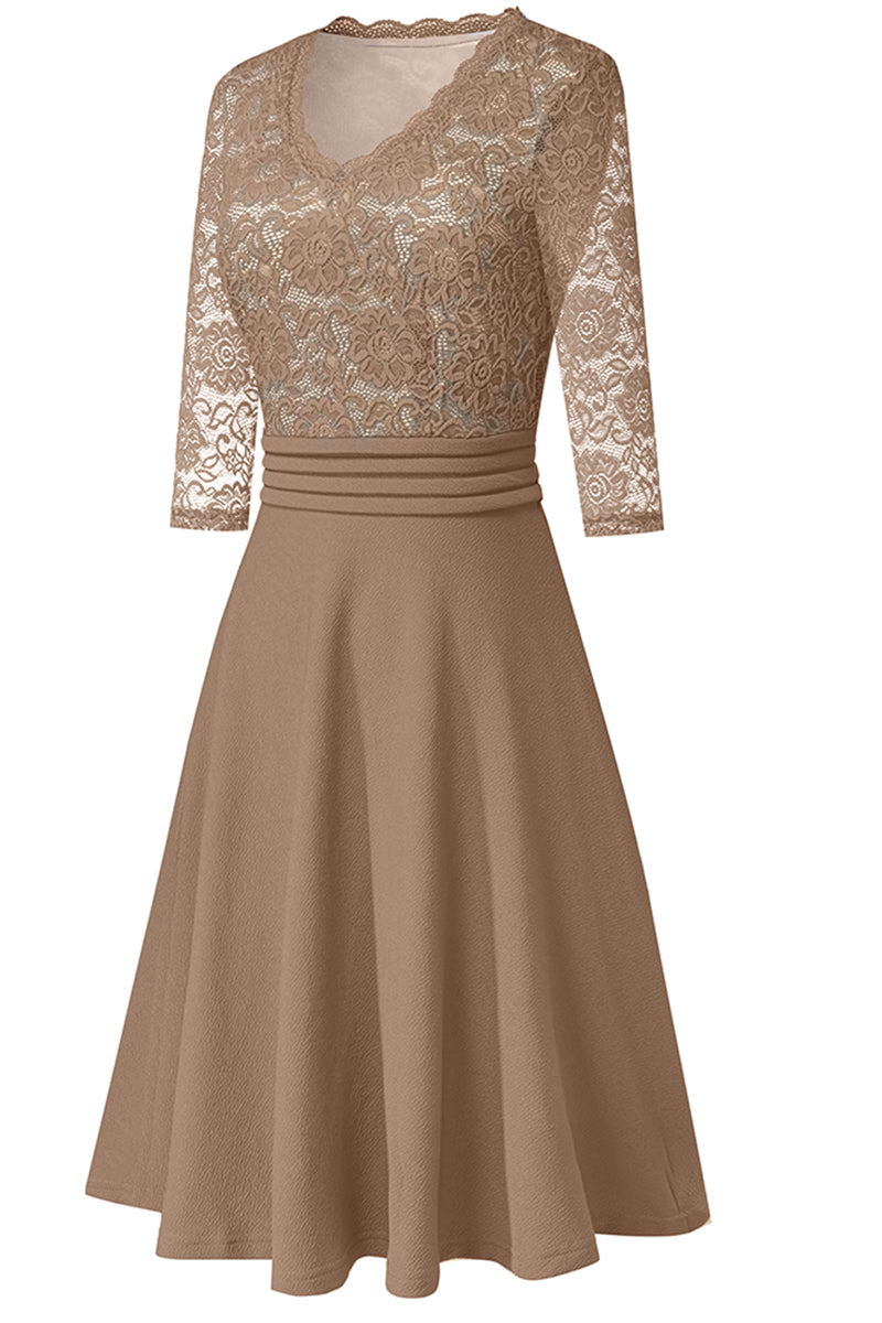 V-Neck Lace Detail Knee-Length Dress