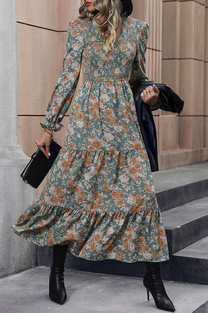 V-Neck Smocked Flounce Sleeve Dress