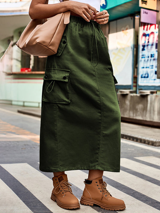 Drawstring Waist Slit Denim Skirt