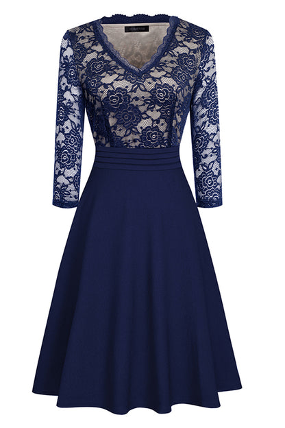 V-Neck Lace Detail Knee-Length Dress