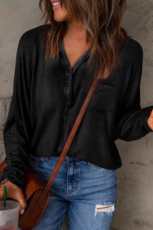 Ribbed Patch Pocket Button V-Neck Long Sleeve Top