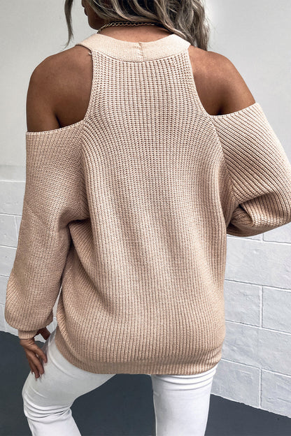 Cold Shoulder Plunge Neck Ribbed Cardigan