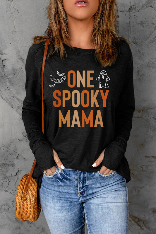 Round Neck Long Sleeve ONE SPOOKY MAMA Graphic T-Shirt