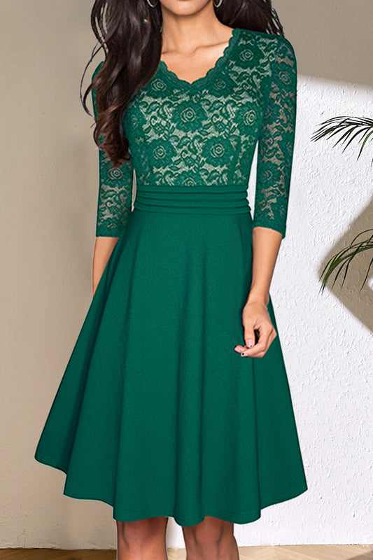 V-Neck Lace Detail Knee-Length Dress