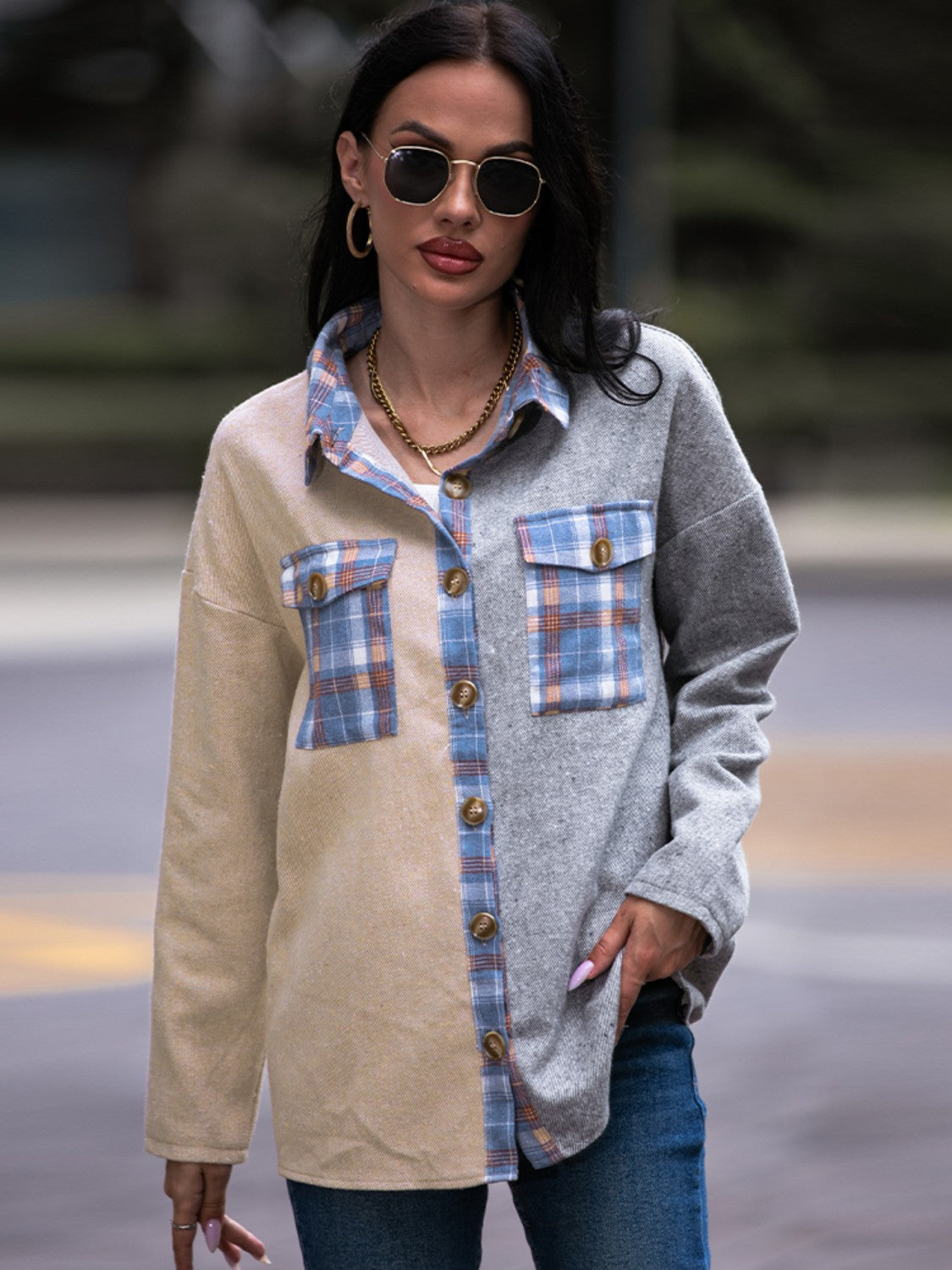 Plaid Contrast Drop Shoulder Shacket