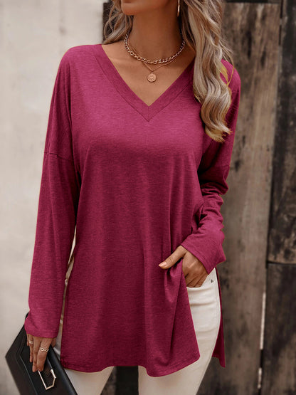 V-Neck Long Sleeve Slit Top