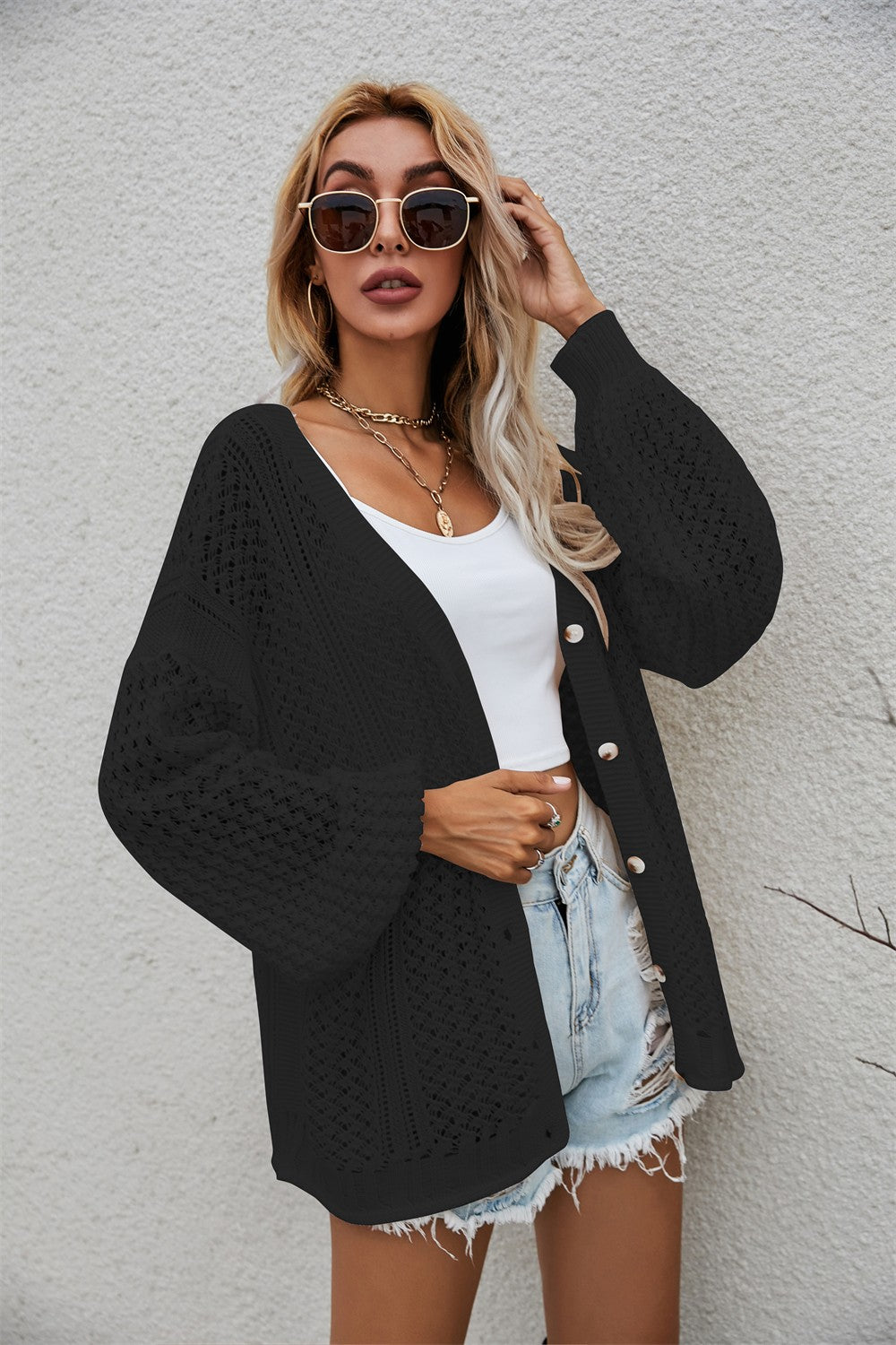 Openwork V-Neck Dropped Shoulder Cardigan